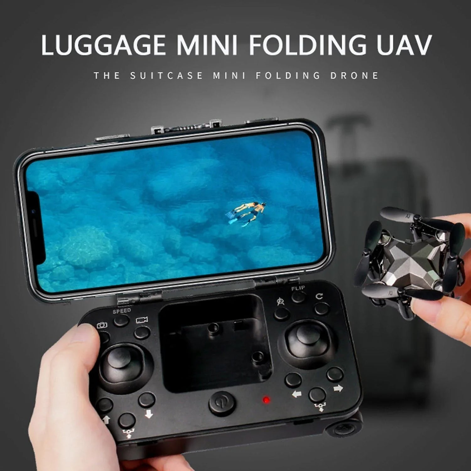 Hand holding black mini folding drone and remote controller with phone display