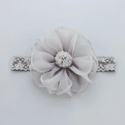 Sheer gray fabric flower headband with lace elastic strap, soft and delicate style