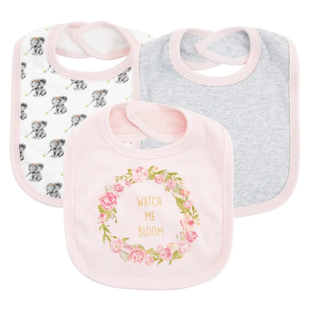 Set of three baby bibs in pastel colors, cotton material, floral and elephant prints, soft fit