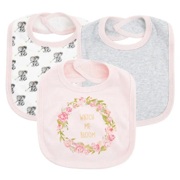 Set of three baby bibs in pastel colors, cotton material, floral and elephant prints, soft fit
