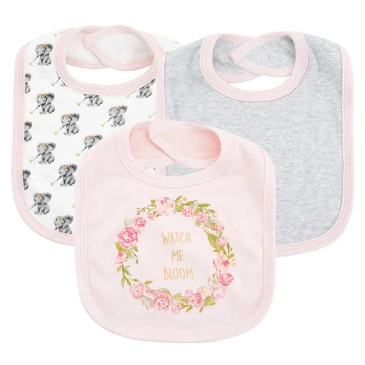 Set of three baby bibs in pastel colors, cotton material, floral and elephant prints, soft fit