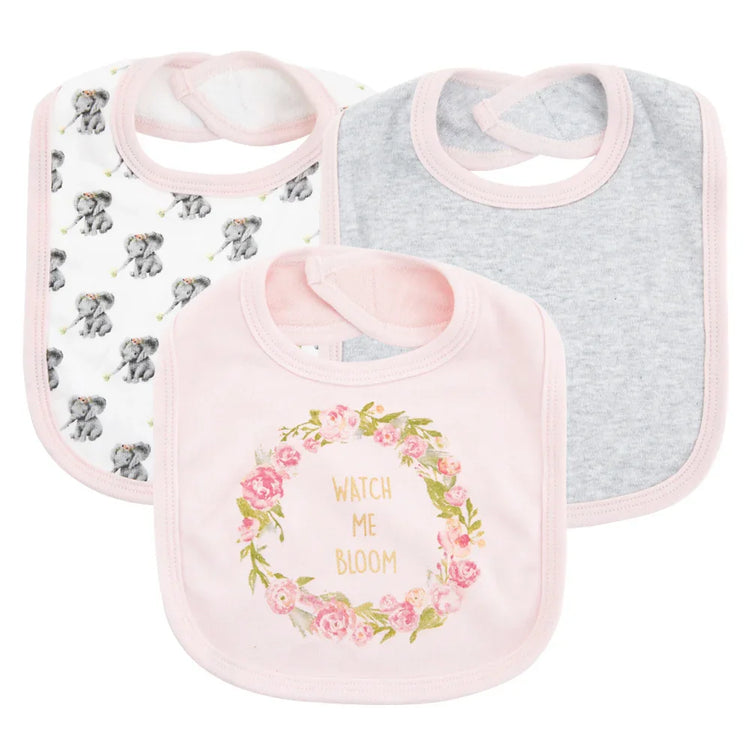 Set of three baby bibs in pastel colors, cotton material, floral and elephant prints, soft fit