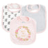 Set of three soft cotton baby bibs, pastel colors, floral print, elephant pattern, pink and grey.