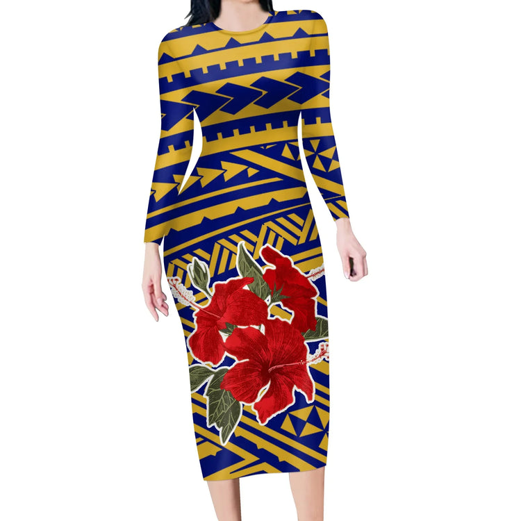 Long sleeve bodycon dress with blue and gold geometric pattern and bold red floral print