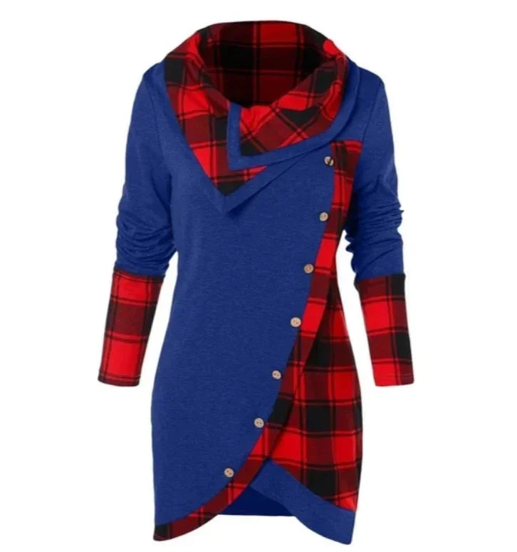 Blue long-sleeve tunic with red plaid accents, button details, and an asymmetrical fit