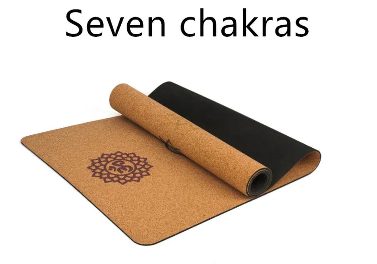 Cork and black yoga mat with chakra mandala design, eco-friendly fitness accessory