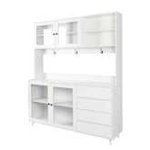 Modern white storage cabinet with glass doors, shelves, drawers, and metal hooks