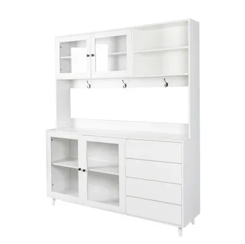 Modern white storage cabinet with glass doors, shelves, drawers, and metal hooks