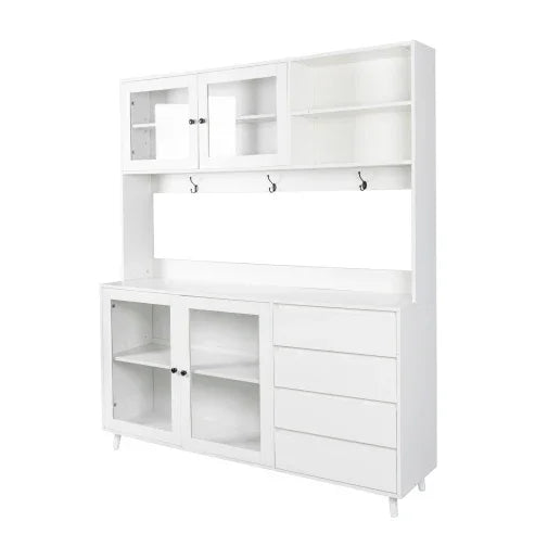 Modern white storage cabinet with glass doors, shelves, drawers, and metal hooks