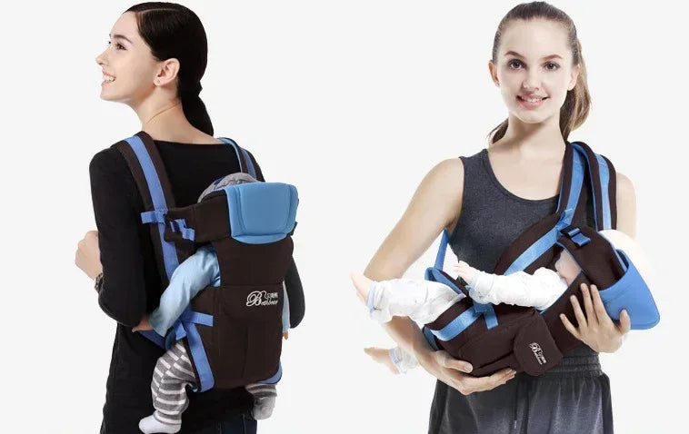 Brown and blue adjustable baby carrier with padded straps, shown in two wearing positions.