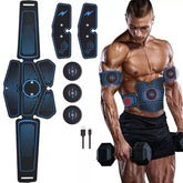 Futuristic black and blue muscle stimulator pads for abs and arms, adjustable fit, worn by athletic male model.