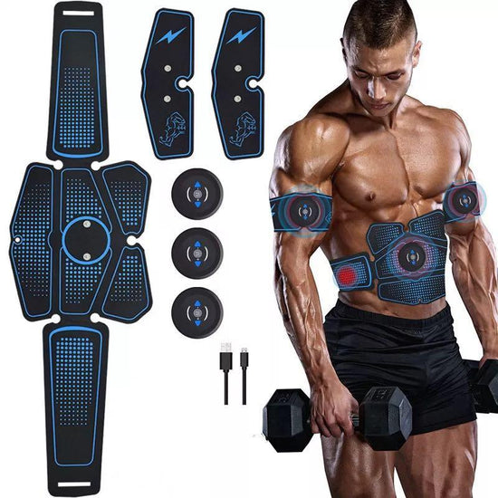 Futuristic black and blue muscle stimulator pads for abs and arms, adjustable fit, worn by athletic male model.