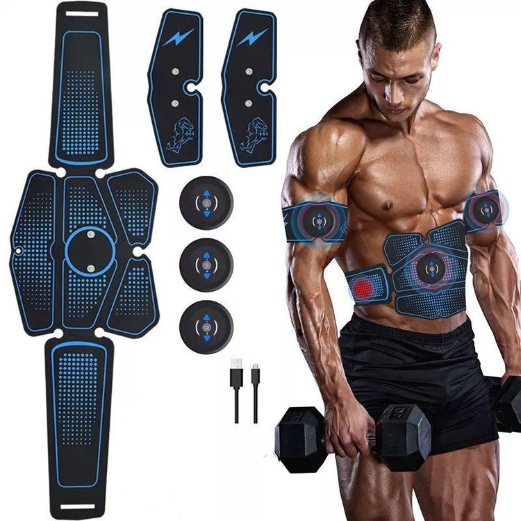 Futuristic black and blue muscle stimulator pads for abs and arms, adjustable fit, worn by athletic male model.