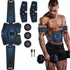 Man wearing black and blue muscle stimulator pads on abs and arms, holding dumbbells.