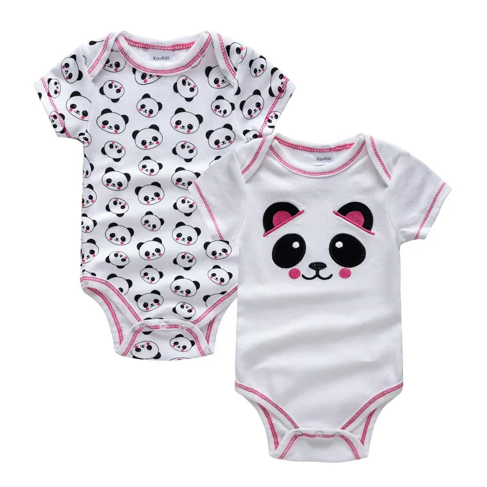 Short sleeve baby bodysuits in white cotton with panda face print and pink trim, regular fit