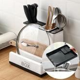 White kitchen utensil organizer with knife, spoon, chopsticks, and cutting board storage, drainage tray shown.