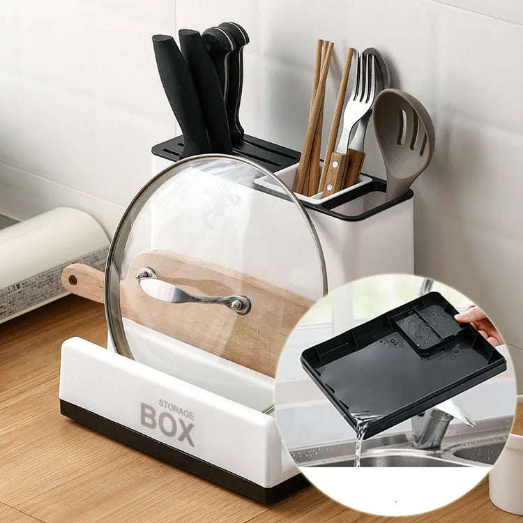 White kitchen utensil organizer with knife, spoon, chopsticks, and cutting board storage, drainage tray shown.