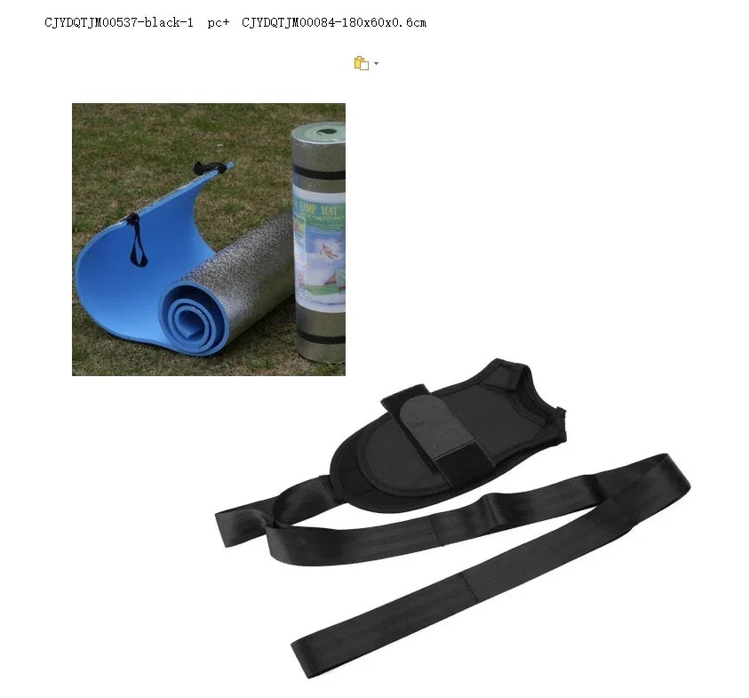 Rolled blue and silver foam camping mat with black carrying strap and padded black strap accessory
