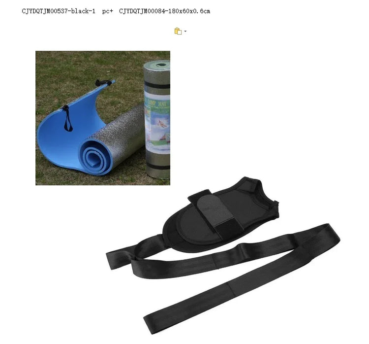 Rolled blue and silver foam camping mat with black carrying strap and padded black strap accessory