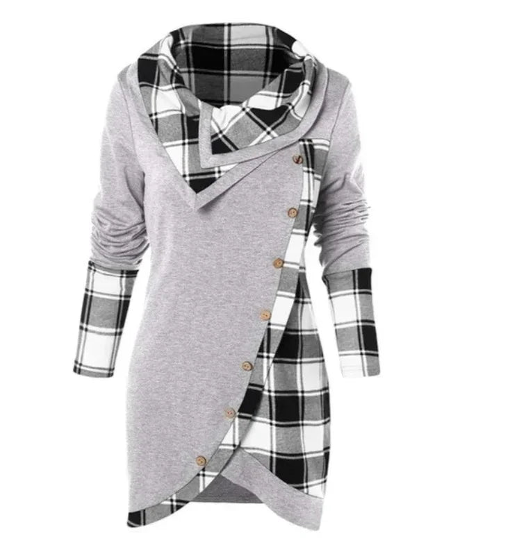 Women's long-sleeve grey tunic with black and white plaid accents and asymmetrical buttons