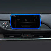 Car dashboard with digital navigation screen, blue LED trim, and start button, modern interior