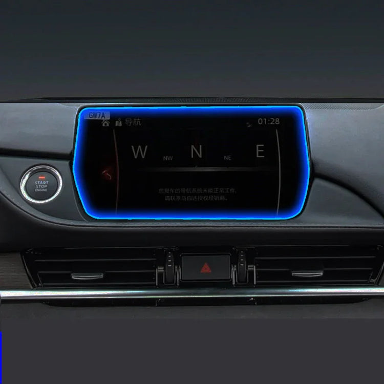 Car dashboard with digital navigation screen, blue LED trim, and start button, modern interior