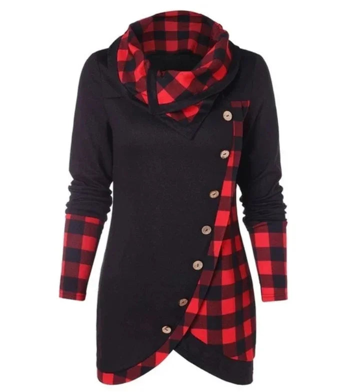 Black long-sleeve tunic with red plaid accents, wooden buttons, and asymmetrical fit