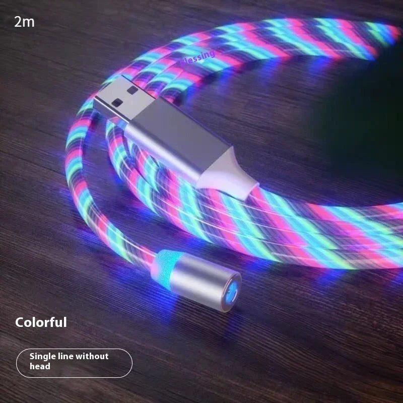 Colorful LED charging cable with glowing braided design, USB connector, 2 meters long