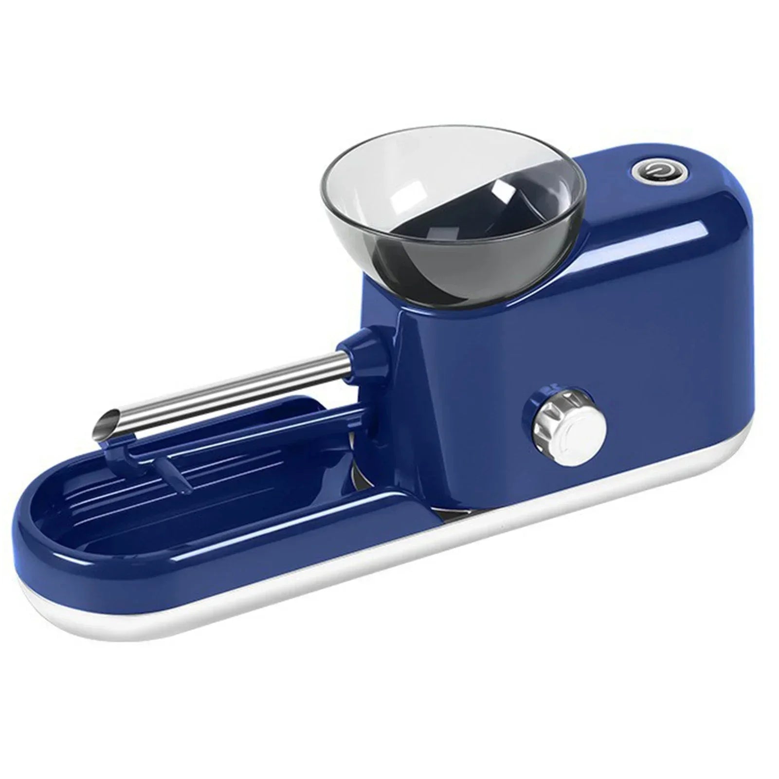 Modern blue and silver kitchen gadget with transparent bowl and metal spout on white background