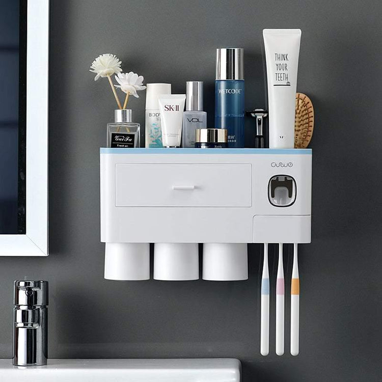 Modern white wall-mounted bathroom organizer with toothbrush holder and cups, sleek design