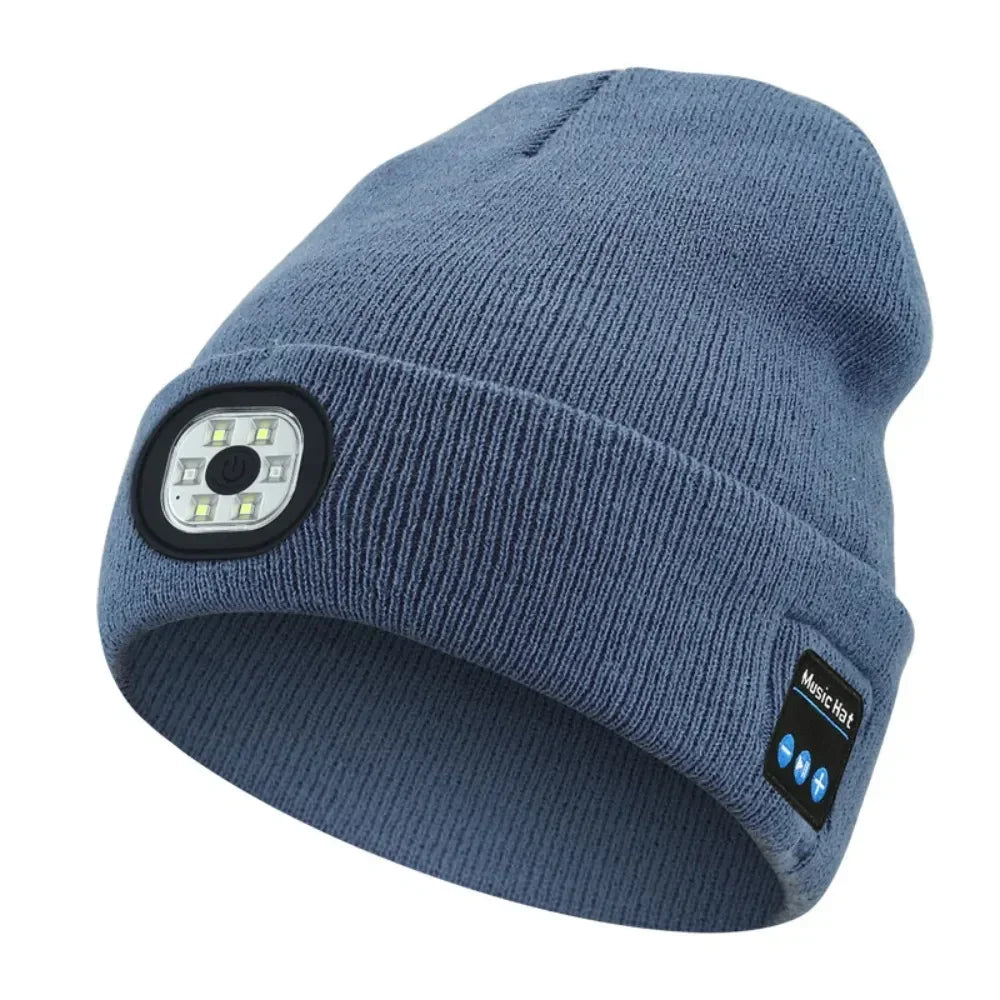 Light blue knit beanie with built-in LED headlamp and music control, tech streetwear accessory