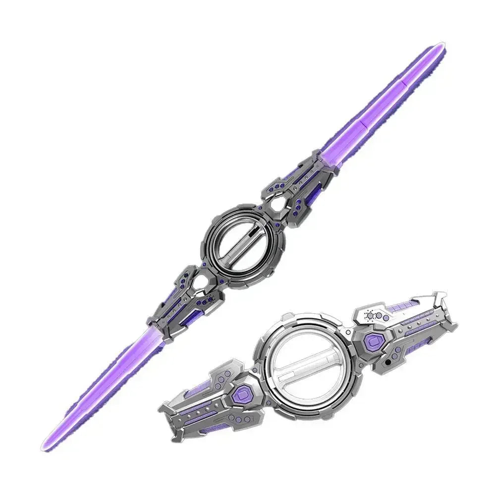 Futuristic double-ended toy sword with metallic silver handle and purple translucent blades.