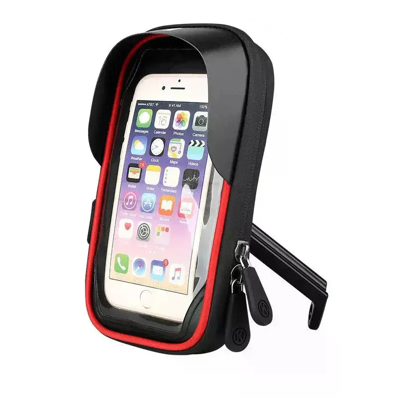 Black and red waterproof bike phone mount with touchscreen window and zipper closure