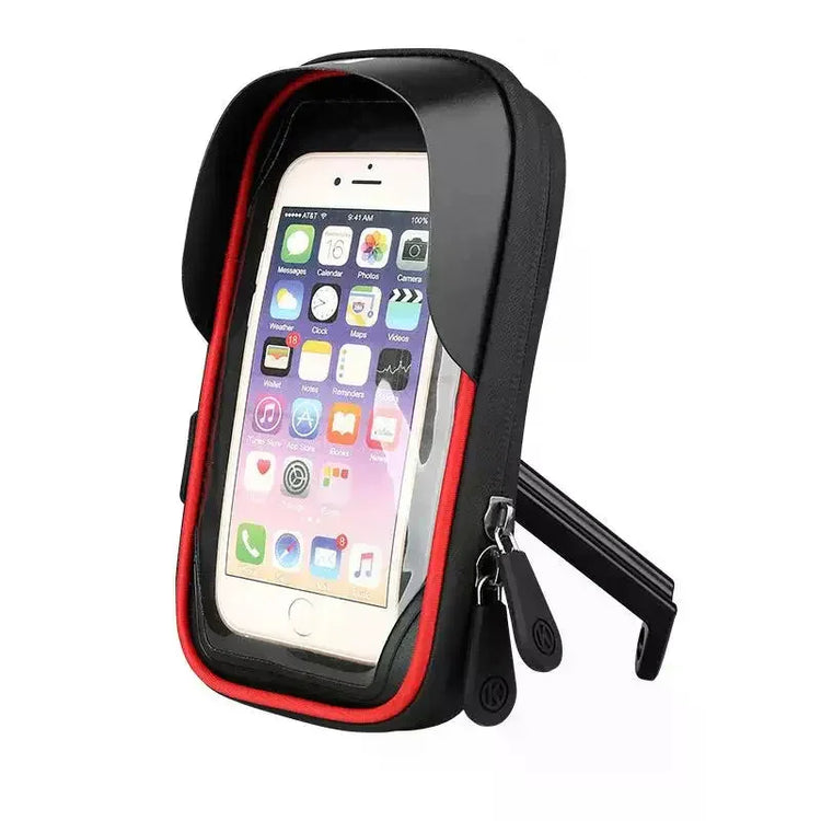 Black and red waterproof bike phone mount with touchscreen window and zipper closure