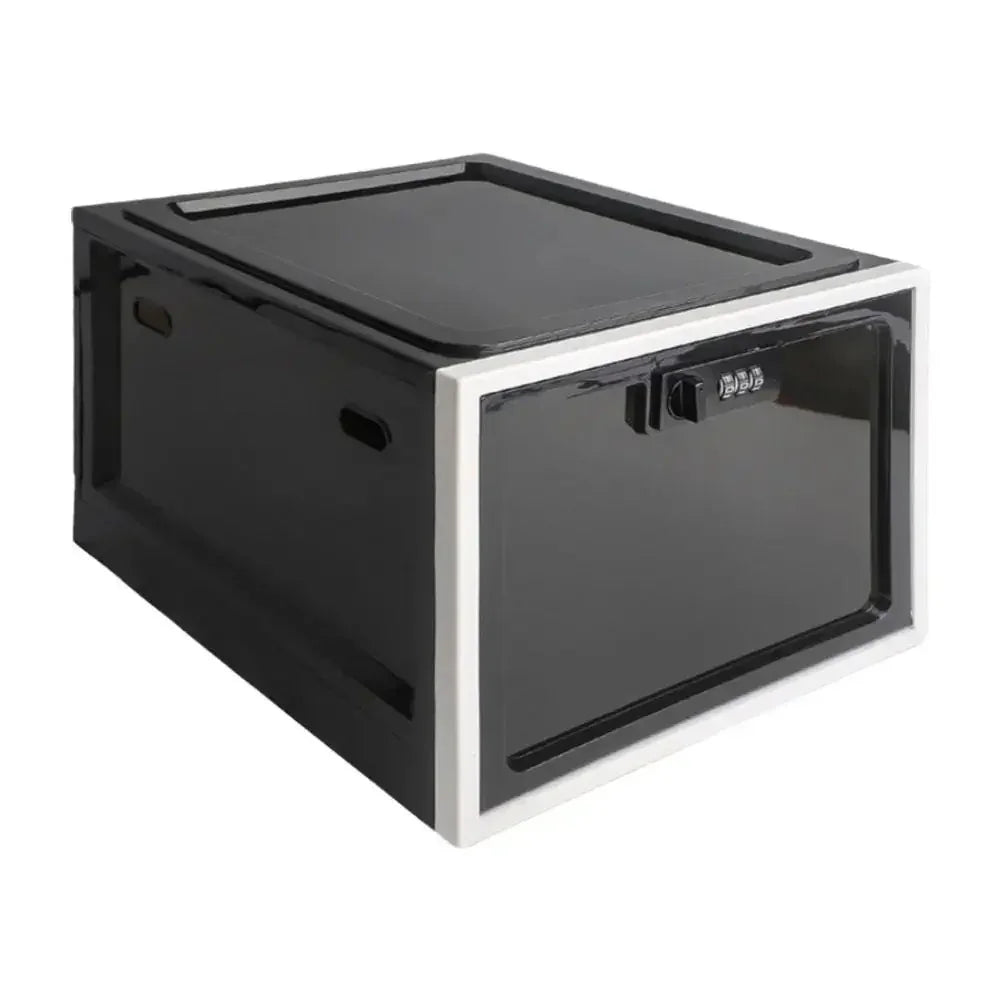 Black folding storage box with white trim and built-in lock, modern plastic material