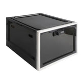 Black folding storage box with white trim and built-in lock, modern plastic material