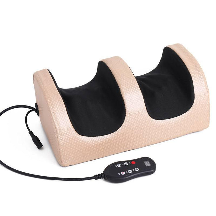 Beige and black textured foot massager with ergonomic grooves and remote control