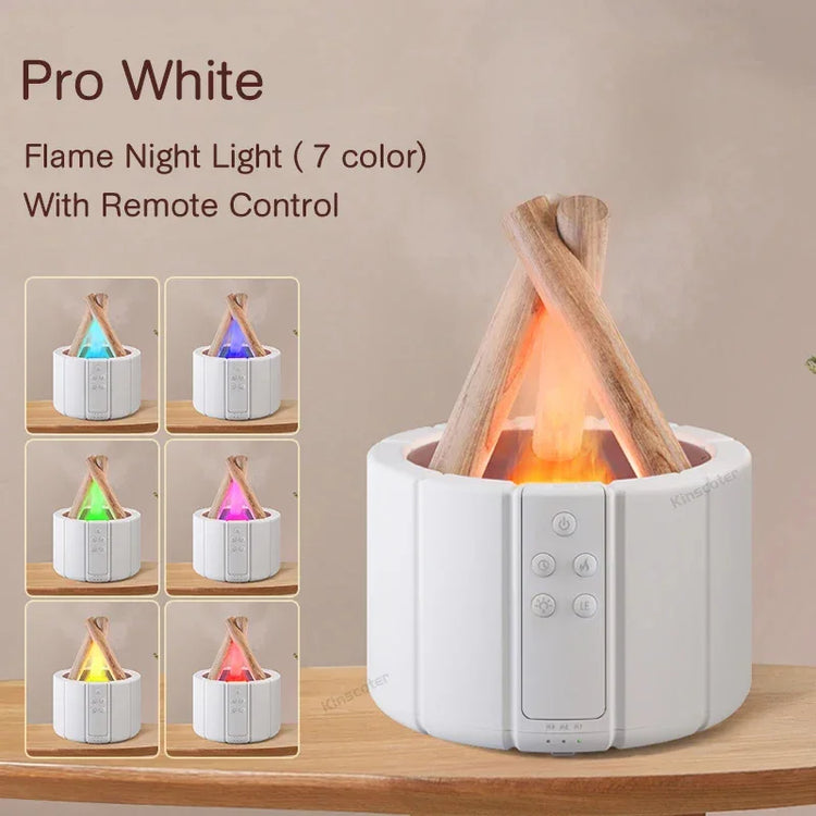 Modern white flame night light with wood accents, remote control, seven LED color options