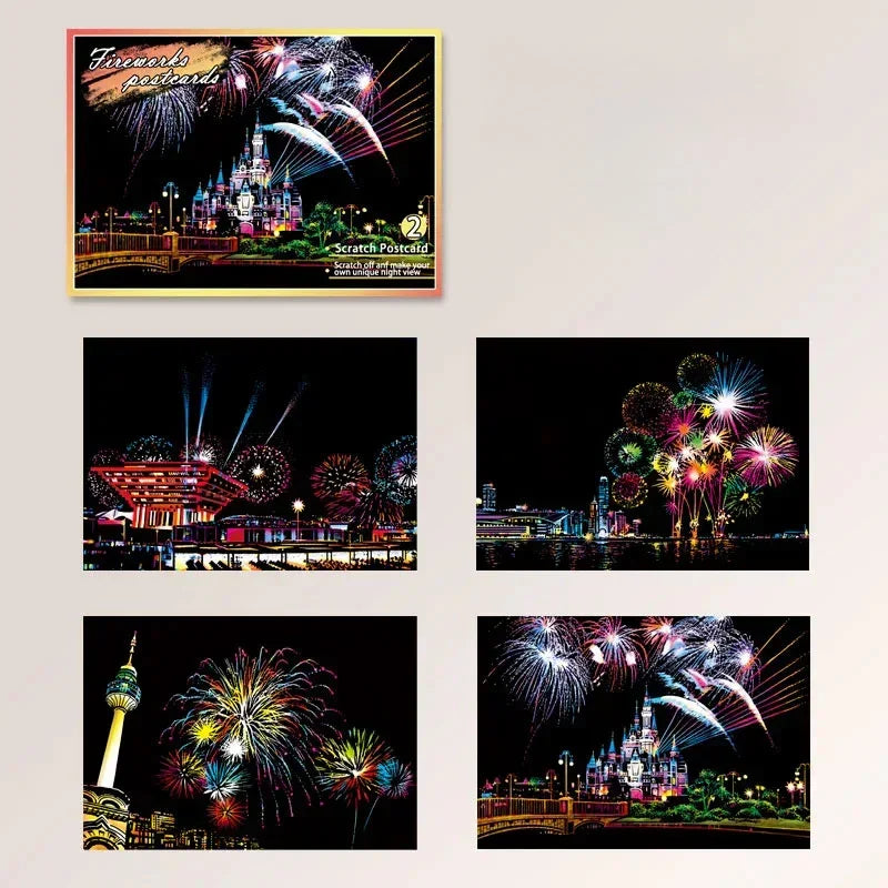 Assorted scratch postcards featuring colorful fireworks over city landmarks at night.