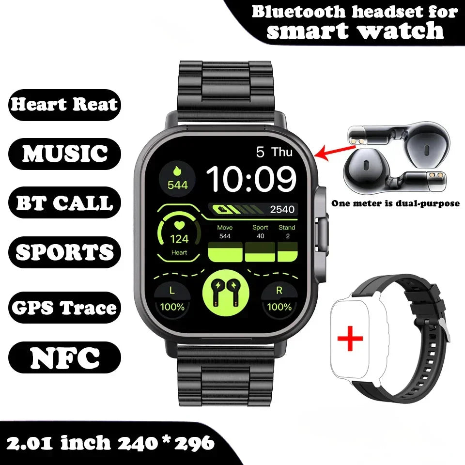 Black metal smartwatch with green digital display, fitness tracking, NFC, Bluetooth, music, and matching wireless earbuds.