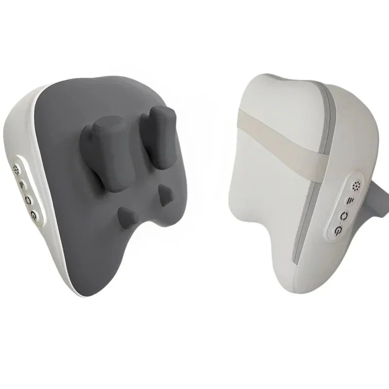 Ergonomic gray and white neck massager with adjustable straps and control buttons