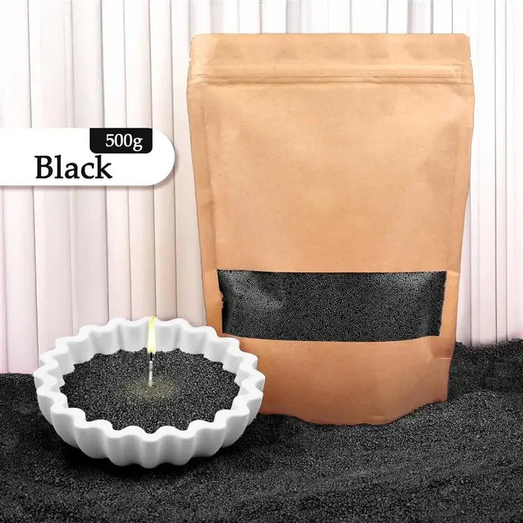 Black granules in kraft pouch and decorative bowl, 500g, minimalist background