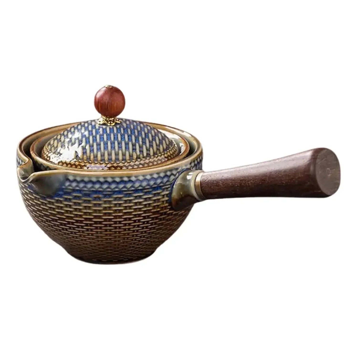 Ceramic teapot with textured blue and brown glaze and wooden handle, lid with knob