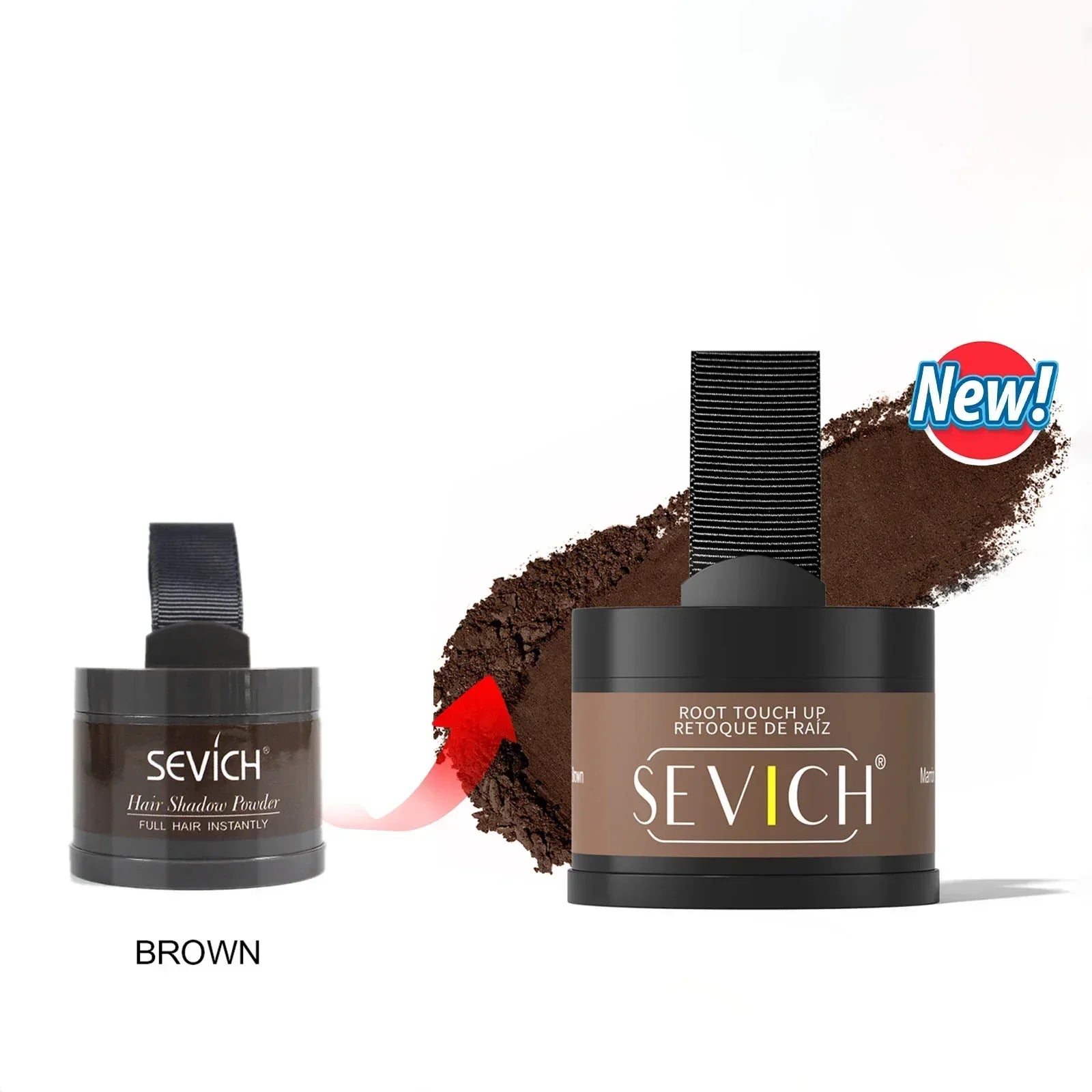 Brown root touch up powder for hair with dark container, powder texture background