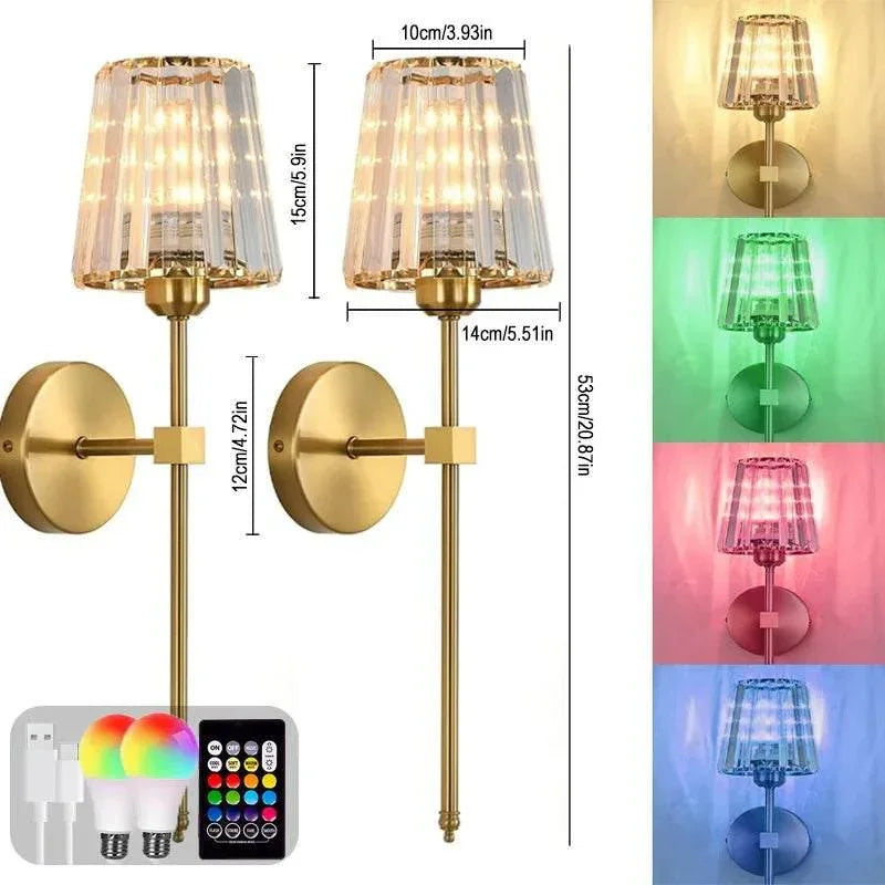 Modern gold wall sconces with clear glass shades, remote control, and multicolor LED light options.