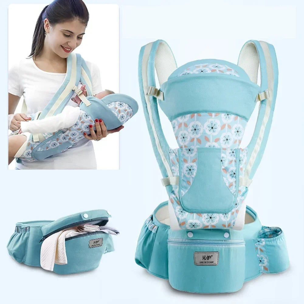 Light blue floral baby carrier with adjustable straps, soft fabric, and secure fit