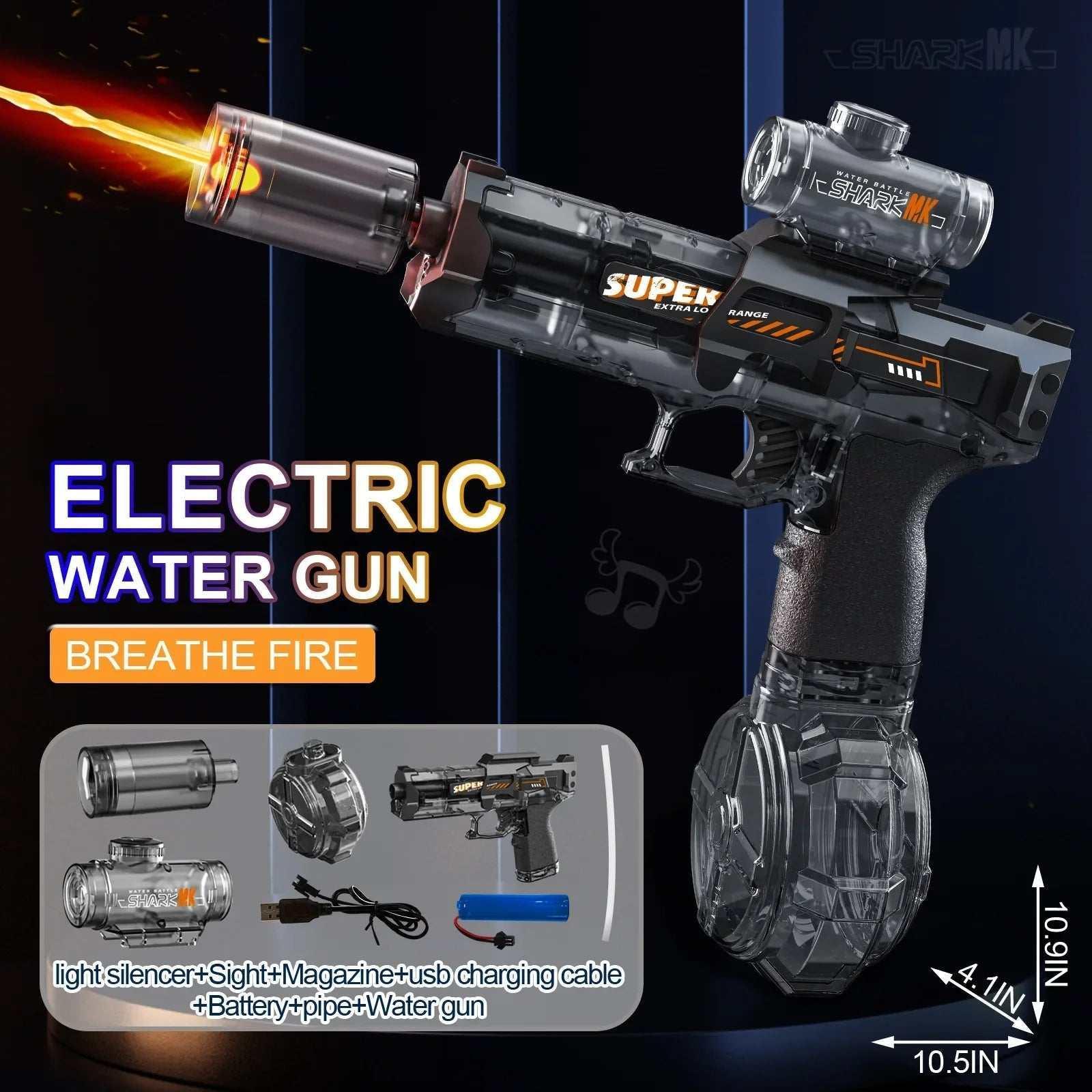 Electric water gun with transparent black plastic body, drum magazine, and laser sight accessory