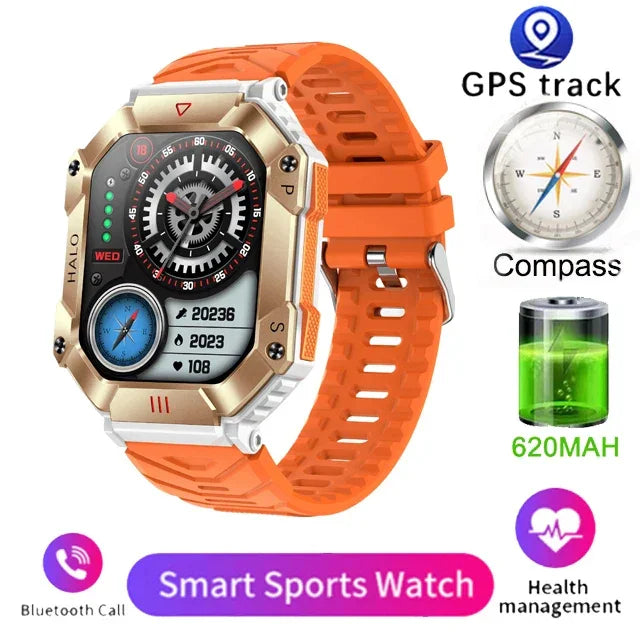 Rugged smart sports watch with orange silicone band, gold case, digital display, and fitness tracking features.
