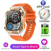 Rugged smart sports watch with orange silicone band, gold case, digital display, and fitness tracking features.