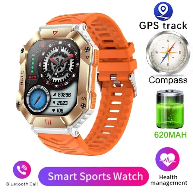 Rugged smart sports watch with orange silicone band, gold case, digital display, and fitness tracking features.